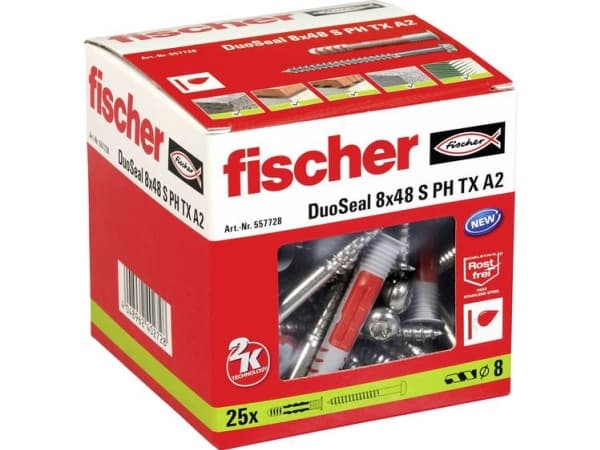 Fischer DuoSeal 8 x 48 S PH TX A2, Utökningsanker, Mursten, Betong, Gipsblok, Gipsfiberskiva, Gipsplade, Nylon, Röd, Sølv, TX30, ETAG 022, DIN 18534