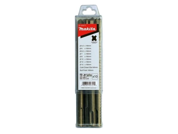 Vakkert Makita D-44971 SDS-PLUS sett (5,5 x 160 mm, 6 x 160 mm, 6,5 x 160 mm, 7 x 160 mm, 8 x 160 mm, 10 x 160 mm, 12 x 160 mm, 15 x 160 mm meisel 16