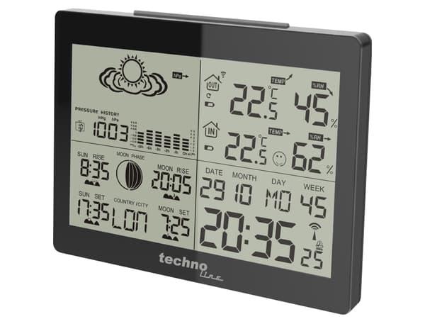 Technoline DCF-77, Sort, Høydemåler, Inne Barometer, Inne hygrometer, Inne Termometer, Utendørs Fuktighetsmåler,..., Barometer, Hygrometer, Termomete