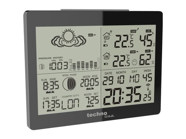 Technoline DCF-77, Sort, Høydemåler, Inne Barometer, Inne hygrometer, Inne Termometer, Utendørs Fuktighetsmåler,..., Barometer, Hygrometer, Termomete