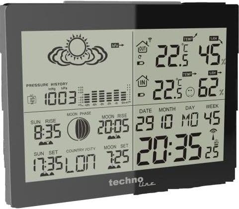 Technoline DCF-77, Sort, Høydemåler, Inne Barometer, Inne hygrometer, Inne Termometer, Utendørs Fuktighetsmåler,..., Barometer, Hygrometer, Termomete