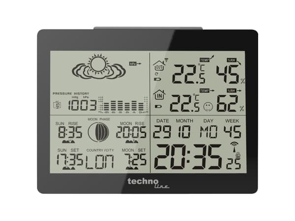 Technoline DCF-77, Sort, Høydemåler, Inne Barometer, Inne hygrometer, Inne Termometer, Utendørs Fuktighetsmåler,..., Barometer, Hygrometer, Termomete