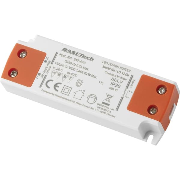 Basetech LD-12-20 LED transformator Konstantspänning 20 W 1.66 A möbelregistrering, Överspänning, Montering på brandfar