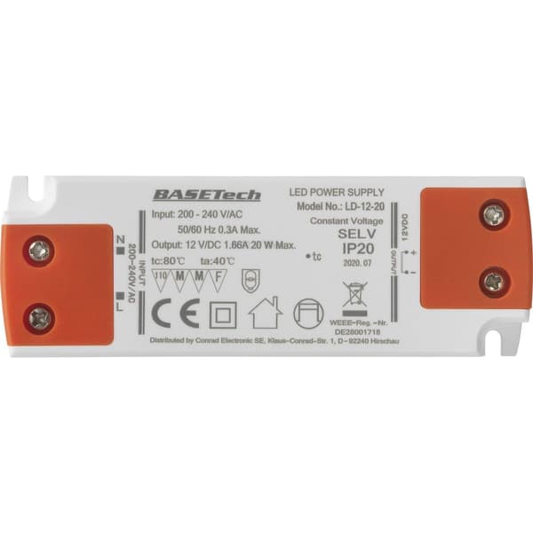 Basetech LD-12-20 LED transformator Konstantspänning 20 W 1.66 A möbelregistrering, Överspänning, Montering på brandfar