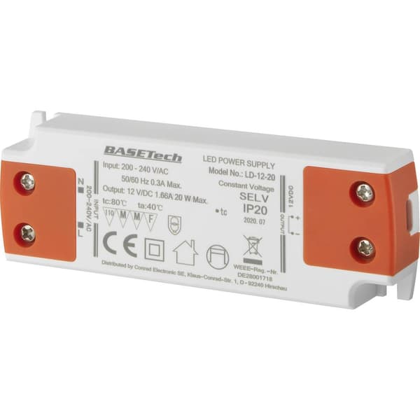 Basetech LD-12-20 LED transformator Konstantspänning 20 W 1.66 A möbelregistrering, Överspänning, Montering på brandfar