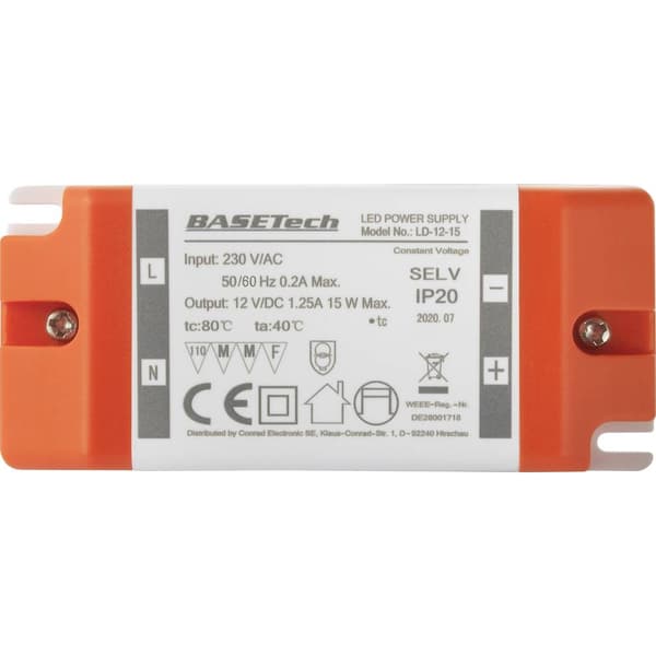 Basetech LD-12-15 LED transformator Konstantspänning 15 W 1.25 A möbelregistrering, Överspänning, Montering på brandfar