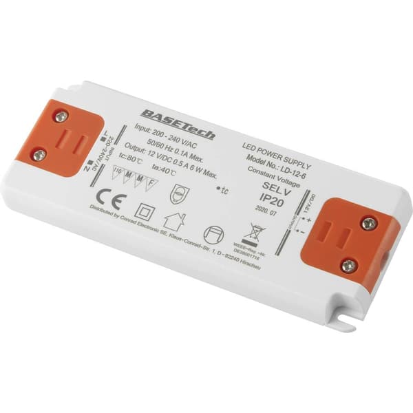 Basetech LD-12-6 LED transformator Konstantspänning 6 W 0.5 A möbelregistrering, Överspänning, Montering på brandfarlig