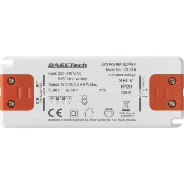 Basetech LD-12-6 LED transformator Konstantspänning 6 W 0.5 A möbelregistrering, Överspänning, Montering på brandfarlig