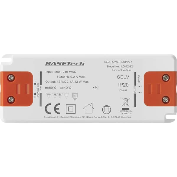 Basetech LD-12-12 LED transformator Konstantspänning 12 W 1 A möbelregistrering, Överspänning, Montering på brandfarlig