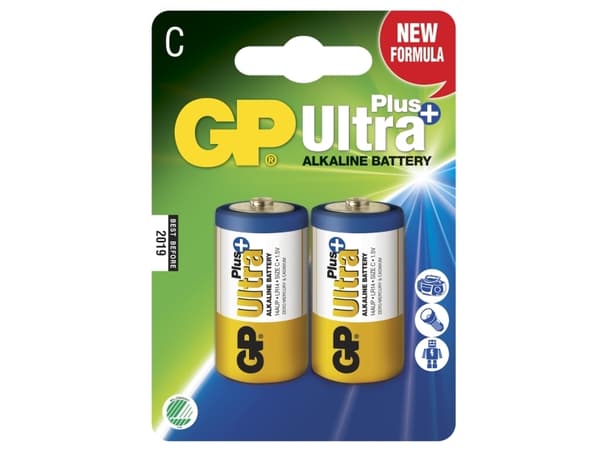 GP Batteries Ultra Plus Alkaline C, Engangsbatteri, C, Alkalinsk, 1,5 V, 2 stykker, Flerfarget