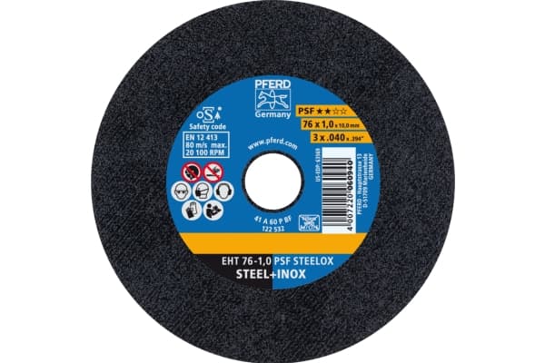 PFERD 69198287, Klippskiva, Platt i mitten, Gjuten aluminium, Gjutjärn, Rostfritt stål, Stål, Varje varumärke, 1 cm, 7,6 cm