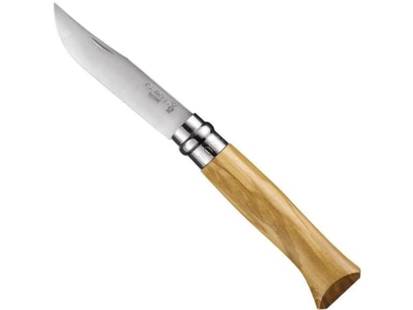 Opinel 002020, Fällkniv med låsblad, Camper/scout, Clip point, Rostfritt stål, Trä, Grå, Trä