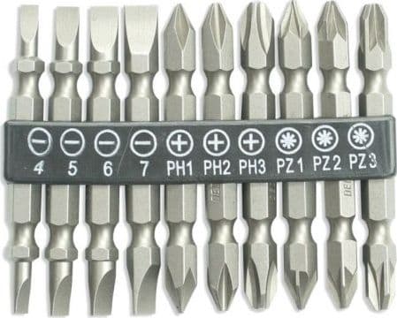 Dedra dubbelsidiga bits 10 st ,65mm: SL4/5/6/7,PH1/2/3,PZ1/2/3 (18A07S13)