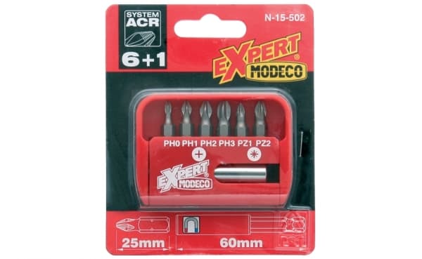 Modeco sett med 25 mm PH0-PH3 og PZ1-PZ2 bits + holder - MN-15-502