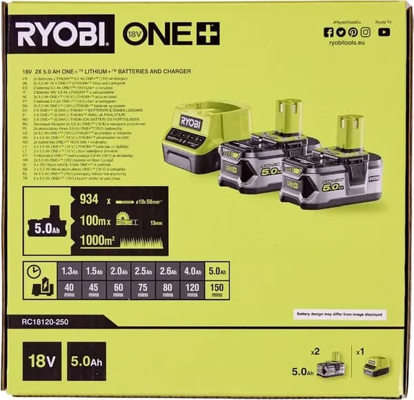 Ryobi RC18120-250, Ladattava akku, Litiumioni (Li-Ion), 18 V, 2 kpl, 5000 mAh, Korkea