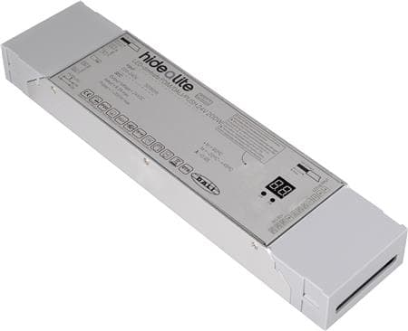 LED-himmenninmuuntaja FDIM/DALI/PUSH 24V 200W LED-nauhan vaihehimmennykseen. Himmennettävissä Push- (230V), DALI- ja 0/1-10V-virran kautta.