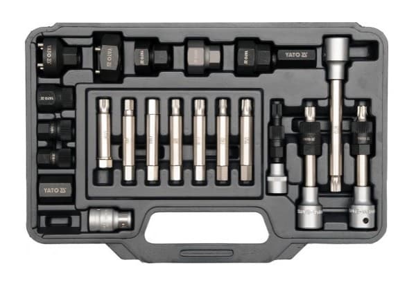 Yato YT-04211, 22 stykker, 12-spline flens, Hex (metrisk), Torx, Kull stål, Kromvanadiumstål, Stål, Boks