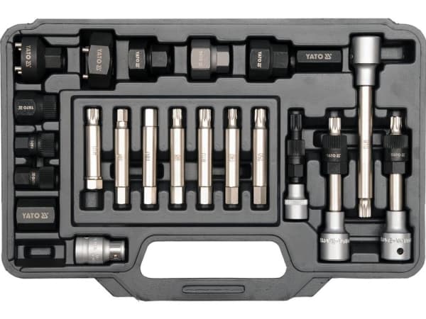 Yato YT-04211, 22 stykker, 12-spline flens, Hex (metrisk), Torx, Kull stål, Kromvanadiumstål, Stål, Boks