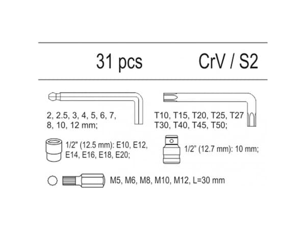YATO HEX, TORX, TORX-avaimet, TORX CAPS 31-osainen LAATIKON ASENNUS YT-55451