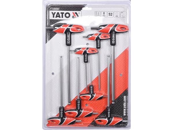 Yato YT-05597, L-muotoinen kuusiokoloavainsetti, Metrinen, 8 kpl, T-kahva lyhyellä varrella, Polypropeeni (PP), Termoplastinen kumi (TPR), Terästä