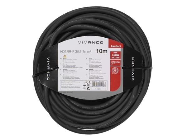 Vivanco SKV 05RR 10B, 10 m, Utomhus, Typ F, Type F (CEE 7/4), Rak, IP44