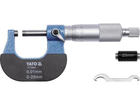 Yato YT-72301, 5 cm, Analoginen ulkomikrometri, Musta, Sininen, Ruostumaton teräs, Alumiini, Polyvinyylikloridi (PVC), Ruostumaton teräs, mm, 0,01 mm