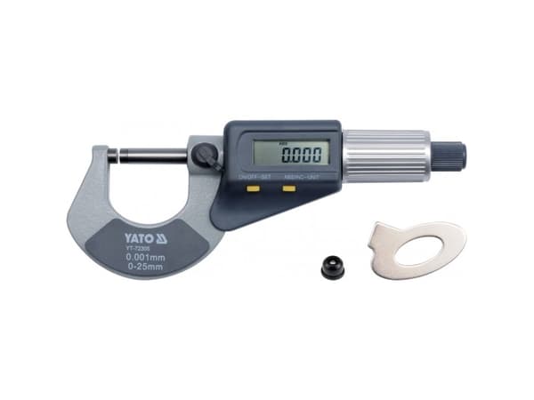 Yato YT-72305, 2,5 cm, Digitaalinen ulkomikrometri, Sininen, Harmaa, Ruostumaton teräs, Hiili, Polyvinyylikloridi (PVC), Alumiini, mm