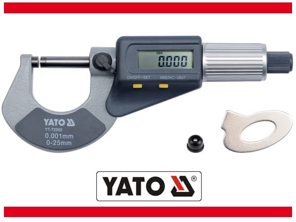 Yato YT-72305, 2,5 cm, Digitaalinen ulkomikrometri, Sininen, Harmaa, Ruostumaton teräs, Hiili, Polyvinyylikloridi (PVC), Alumiini, mm