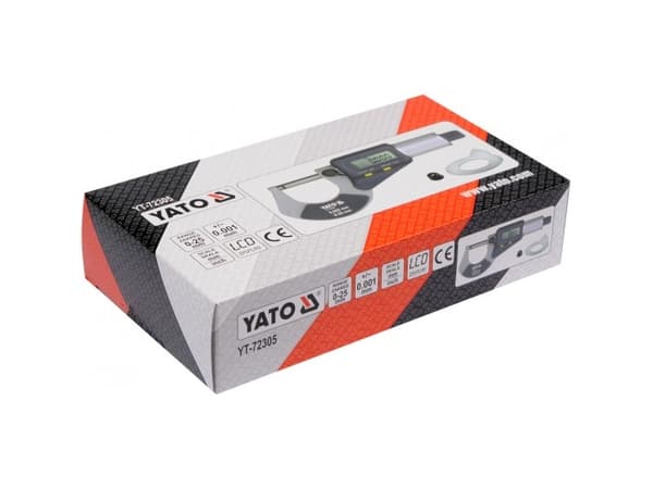 Yato YT-72305, 2,5 cm, Digitaalinen ulkomikrometri, Sininen, Harmaa, Ruostumaton teräs, Hiili, Polyvinyylikloridi (PVC), Alumiini, mm