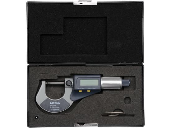 Yato YT-72305, 2,5 cm, Digitaalinen ulkomikrometri, Sininen, Harmaa, Ruostumaton teräs, Hiili, Polyvinyylikloridi (PVC), Alumiini, mm