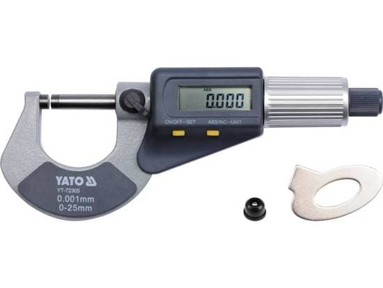Yato YT-72305, 2,5 cm, Digitaalinen ulkomikrometri, Sininen, Harmaa, Ruostumaton teräs, Hiili, Polyvinyylikloridi (PVC), Alumiini, mm