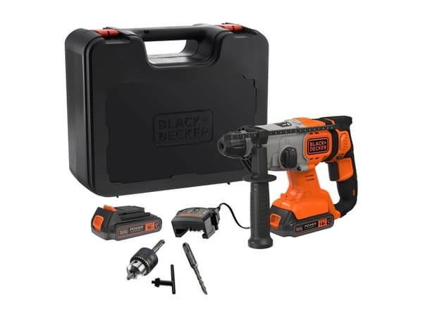 BLACK+DECKER BCD900E2K - Roterende hammer - trådløs - 3-modus - SDS-plus - 1.2 joule - 2 batterier - 18 V