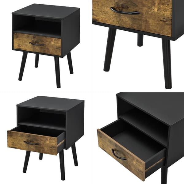 [en.casa]® Sängbord Gävle med låda-57x42x40cm-spånskiva-trä-mörk träfärg-svart