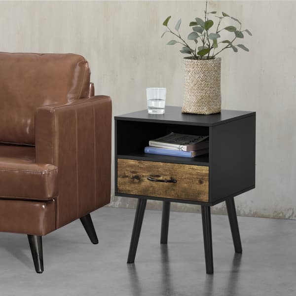 [en.casa]® Sängbord Gävle med låda-57x42x40cm-spånskiva-trä-mörk träfärg-svart
