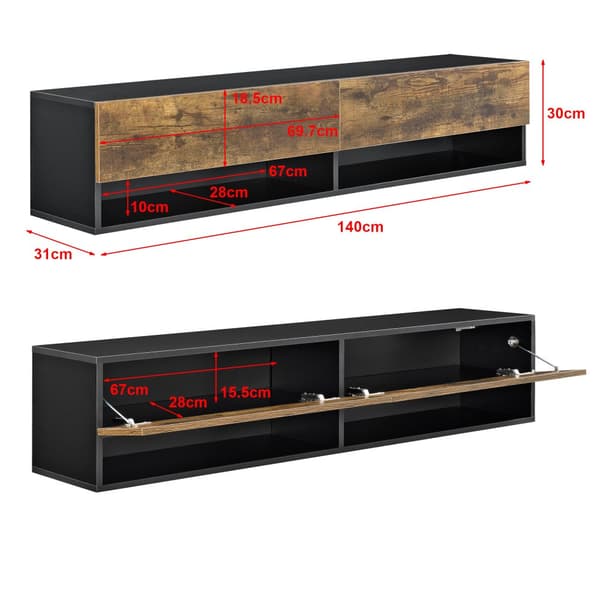 [en.casa]® Tv-bänk Halmstad-vägghängd- 140x31x30cm-melaminbelagd spånskiva-svart-mörk ekfärg