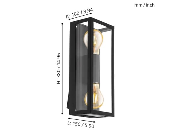 EGLO 98273, Väggbelysning för utomhusbruk, Svart, Glas, Stål, Zink, IP44, Fasad, I