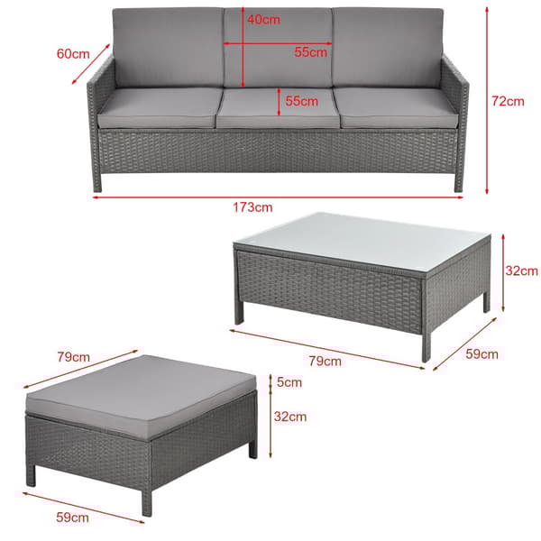 [en.casa] Loungegrupp Cloppenburg 4-sits-173x60x72cm-konstrotting-stål-glas-textil-mörkgrå-ljusgrå