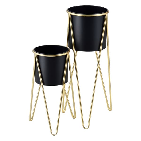 [en.casa] Växtställ set 2-med inbyggda krukor-48x25x25cm-70,5x32x32cm-metall-hairpin-guld-svart