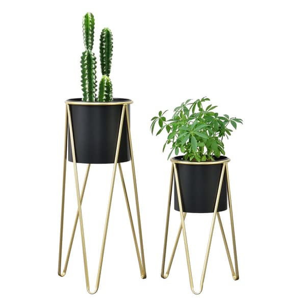 [en.casa] Växtställ set 2-med inbyggda krukor-48x25x25cm-70,5x32x32cm-metall-hairpin-guld-svart