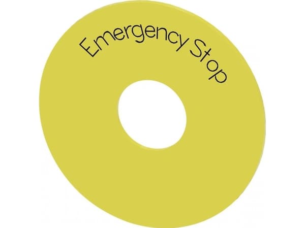 Siemens Pad-tarra keltainen, jossa on merkintä: hätäpysäytys ulkohalkaisija 75mm sisähalkaisija 225mm paksuus 2mm 3SU1900-0BB31-0DA0