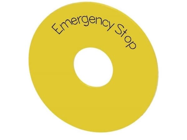 Siemens Pad-tarra keltainen, jossa on merkintä: hätäpysäytys ulkohalkaisija 75mm sisähalkaisija 225mm paksuus 2mm 3SU1900-0BB31-0DA0