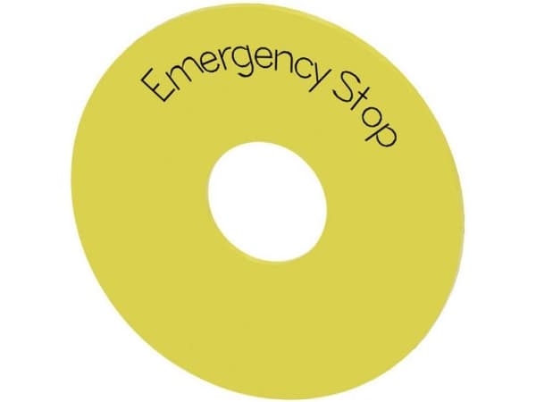 Siemens Pad-tarra keltainen, jossa on merkintä: hätäpysäytys ulkohalkaisija 75mm sisähalkaisija 225mm paksuus 2mm 3SU1900-0BB31-0DA0
