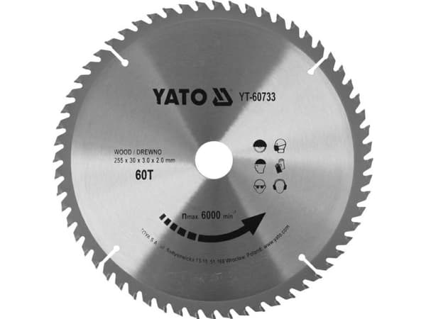 Yato YT-60733, Plast, Trä, 25,5 cm, 3 cm, Tungsten Carbide Tipped (TCT), 6000 RPM, Yato