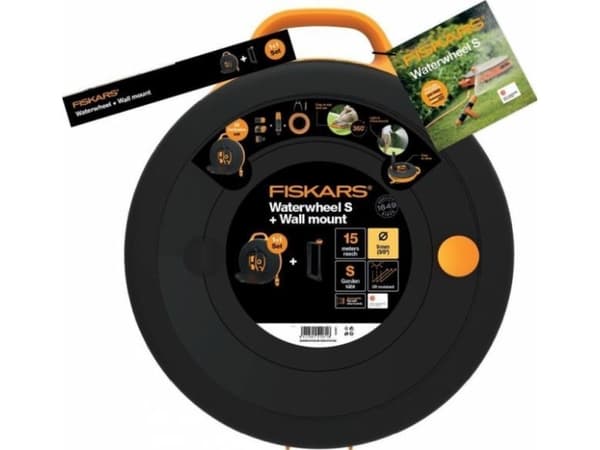 Fiskars vanningstrommel med slange Waterwheel S med veggbrakett (1026376)