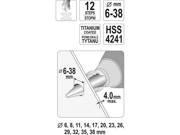 Yato YT-44740, Borr, Stegborr, 105 mm, Icke-järnmetaller, Plast, Rostfritt stål, 7,8 cm, Snabbstål (HSS)