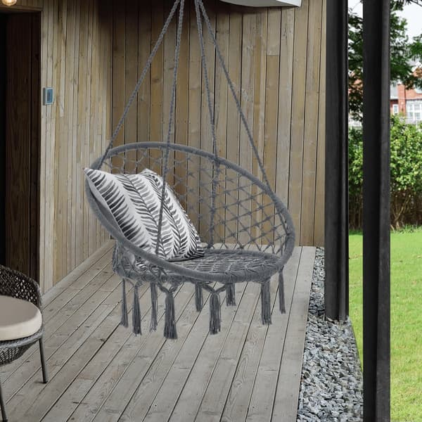 [casa.pro]® Hängstol Tampico med fransar-max150kg-140 cm-för inom- och utomhusbruk-Sittyta(Ø):60cm-mörkgrå