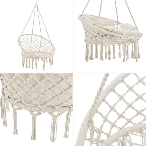 [casa.pro] Hängstol Kailua med fransar-140cm-Sittyta(Ø): 60 cm-max150kg-bomull-polyester-stål-creme