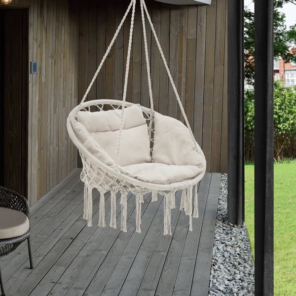 [casa.pro] Hängstol Kailua med fransar-140cm-Sittyta(Ø): 60 cm-max150kg-bomull-polyester-stål-creme