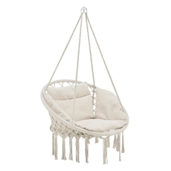 [casa.pro] Hängstol Kailua med fransar-140cm-Sittyta(Ø): 60 cm-max150kg-bomull-polyester-stål-creme
