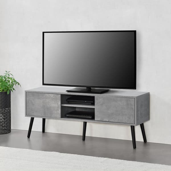 [en.casa] Tv-bänk Eskilstuna med 2 dörrar och öppna hyllor-120x29,5x46,5cm-melaminbelagd spånskiva-trä-svart-betongimitation
